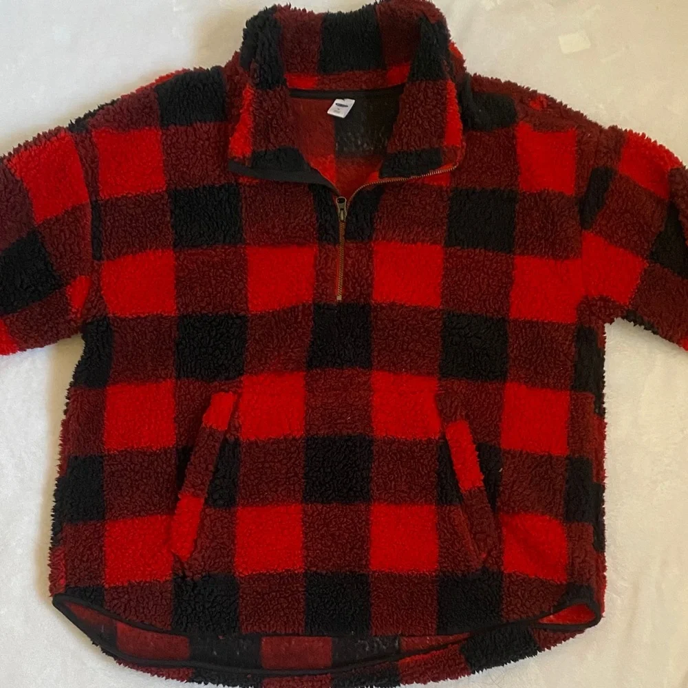 Old Navy Red and Black Checkered Sherpa Pullover
